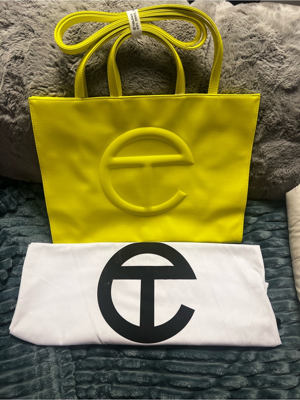Neon highlighter Yellow T Logo Tote Bag by Telfar